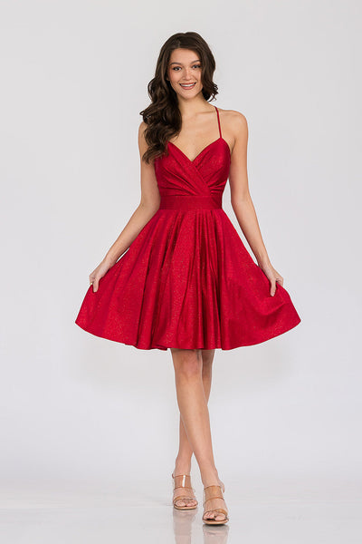 Short Metallic V-Neck A-Line Dress with Pockets by Perrty 3075