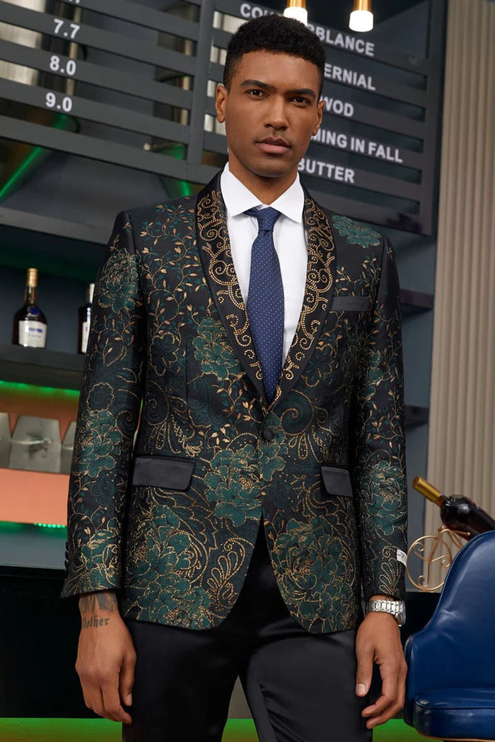Green/Gold Prom Tuxedo Suit - Green/Gold Wedding Suit - Men's Stacy Adam's Designer Prom & Wedding Tuxedo Jacket In Green & Gold Floral Paisley PROMTUXEDO