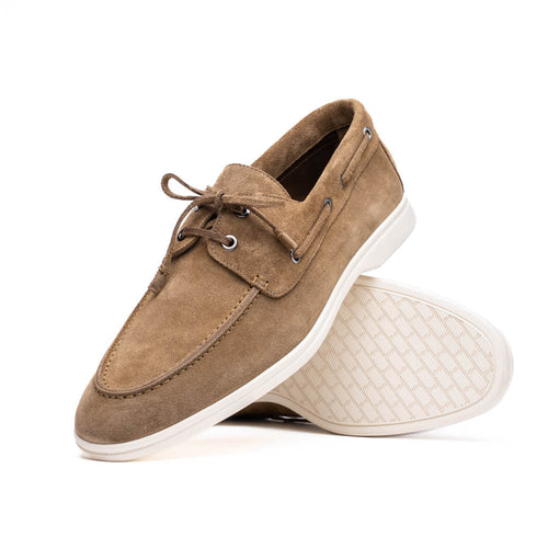 Zelli Venice Hand-Stitched Sueded Goatskin Boat Shoe in Taupe