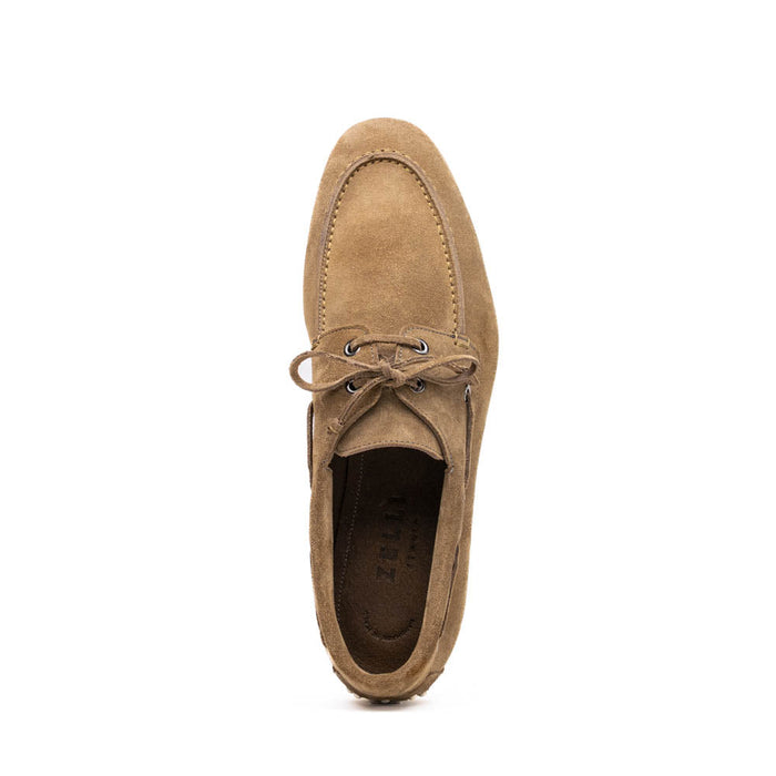 Zelli Venice Hand-Stitched Sueded Goatskin Boat Shoe in Taupe