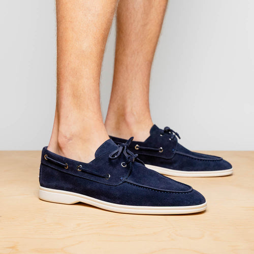 Zelli Venice Hand-Stitched Sueded Goatskin Boat Shoe in Navy