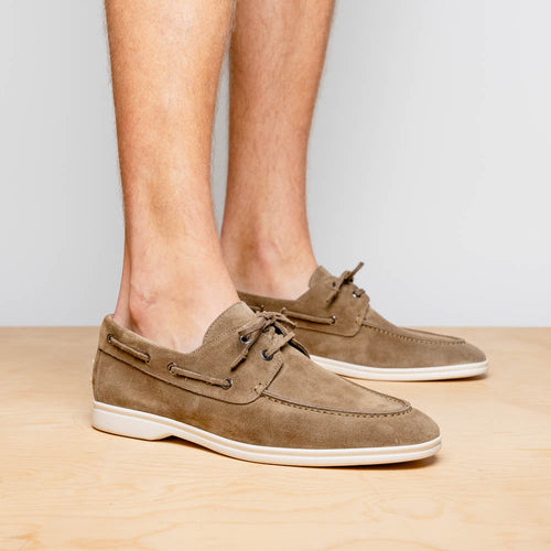 Zelli Venice Hand-Stitched Sueded Goatskin Boat Shoe in Taupe