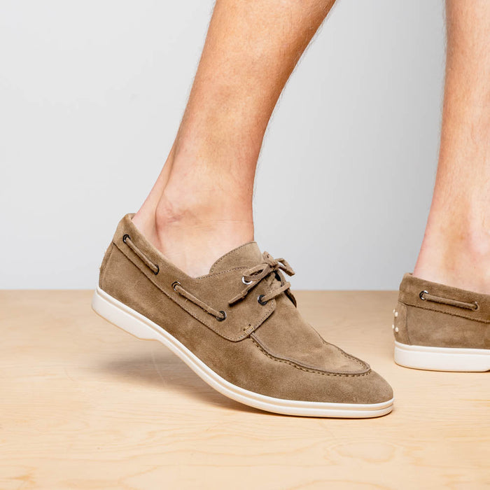 Zelli Venice Hand-Stitched Sueded Goatskin Boat Shoe in Taupe