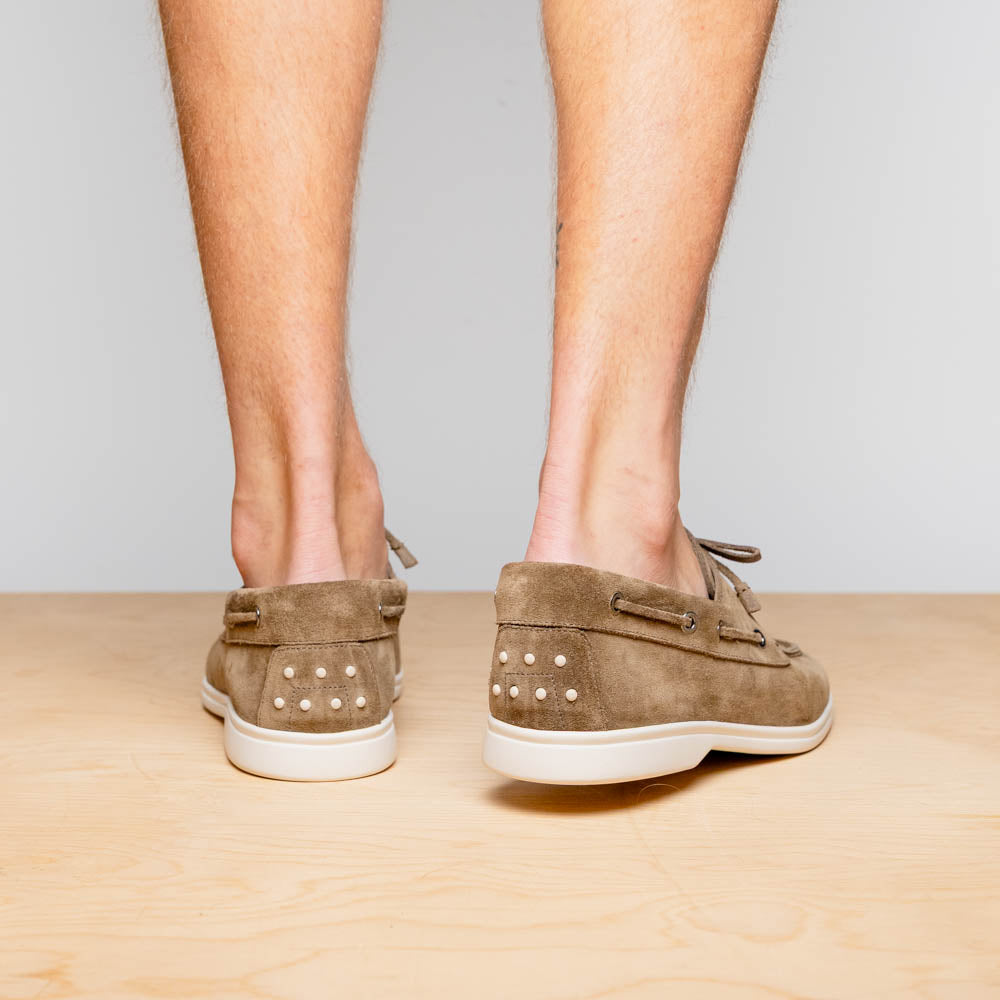 Zelli Venice Hand-Stitched Sueded Goatskin Boat Shoe in Taupe