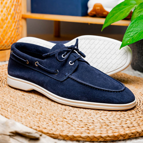Zelli Venice Hand-Stitched Sueded Goatskin Boat Shoe in Navy