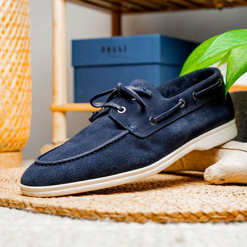Zelli Venice Hand-Stitched Sueded Goatskin Boat Shoe in Navy