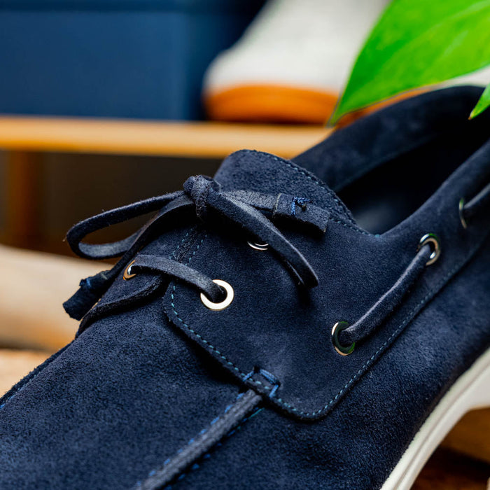 Zelli Venice Hand-Stitched Sueded Goatskin Boat Shoe in Navy