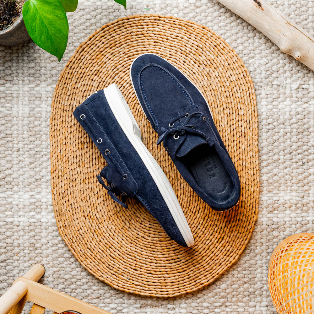 Zelli Venice Hand-Stitched Sueded Goatskin Boat Shoe in Navy