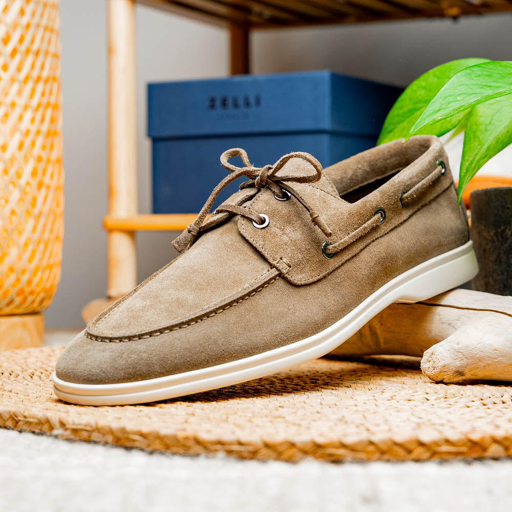 Zelli Venice Hand-Stitched Sueded Goatskin Boat Shoe in Taupe