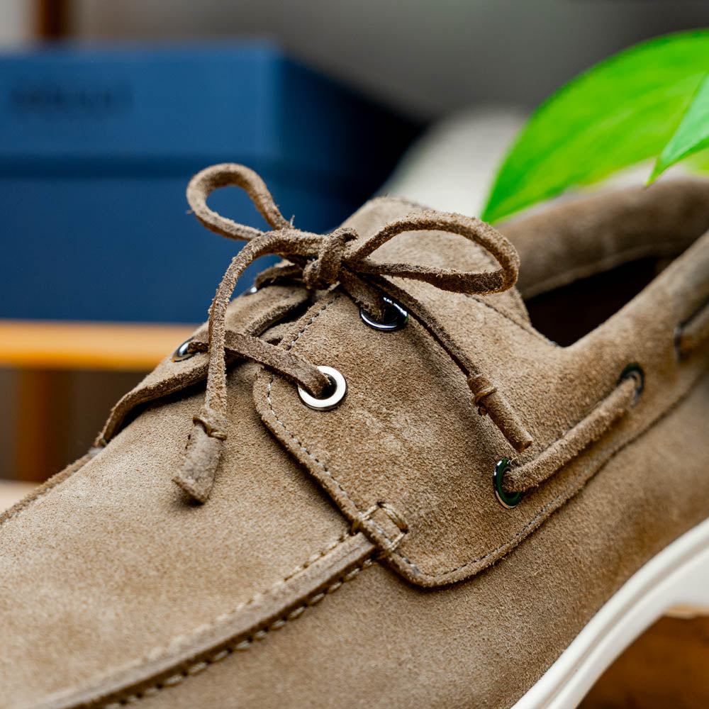 Zelli Venice Hand-Stitched Sueded Goatskin Boat Shoe in Taupe