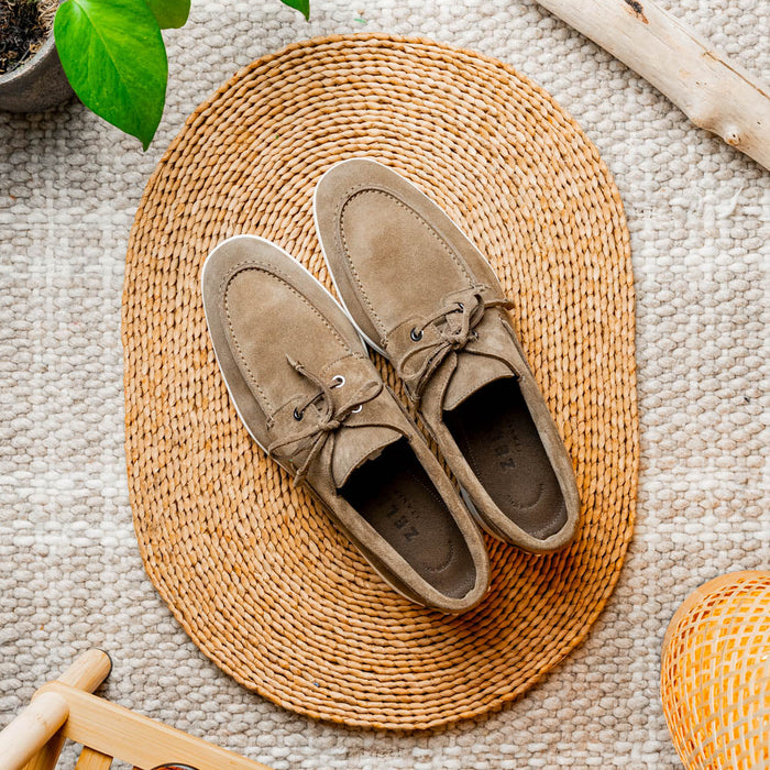 Zelli Venice Hand-Stitched Sueded Goatskin Boat Shoe in Taupe