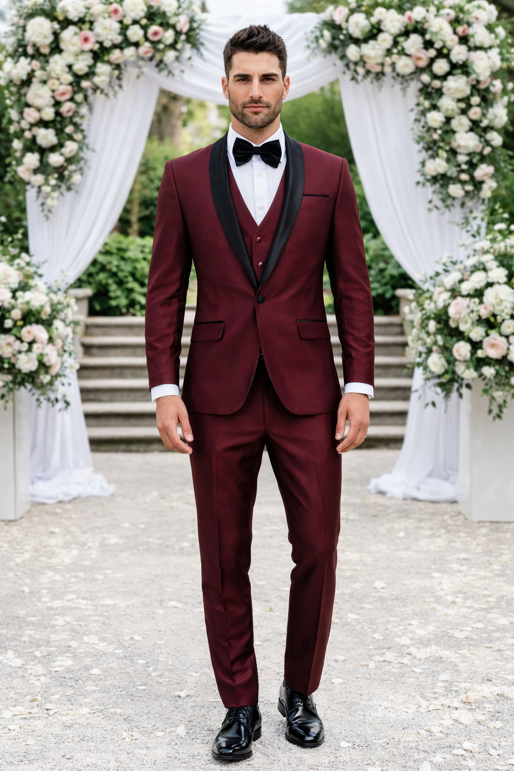 Versailles Burgundy Formal Tuxedo – 1-Button Shawl Lapel 3-Piece