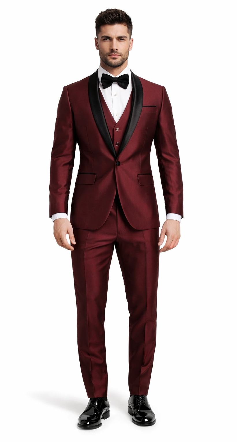 Versailles Burgundy Formal Tuxedo – 1-Button Shawl Lapel 3-Piece – SuitUSA