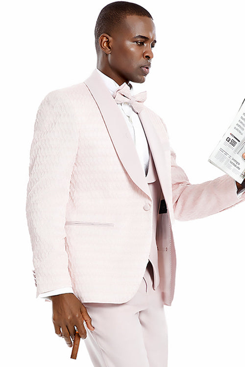 Men's Pink Vested Tuxedo with Honeycomb Pattern