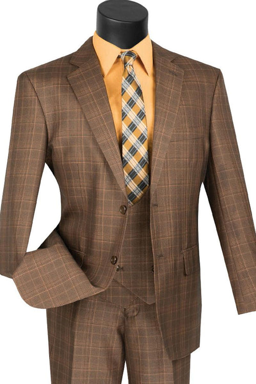 Vinci Brown Plaid 2-Button Suit with Peak Lapels & Windowpane Design. - Elegant Mensattire