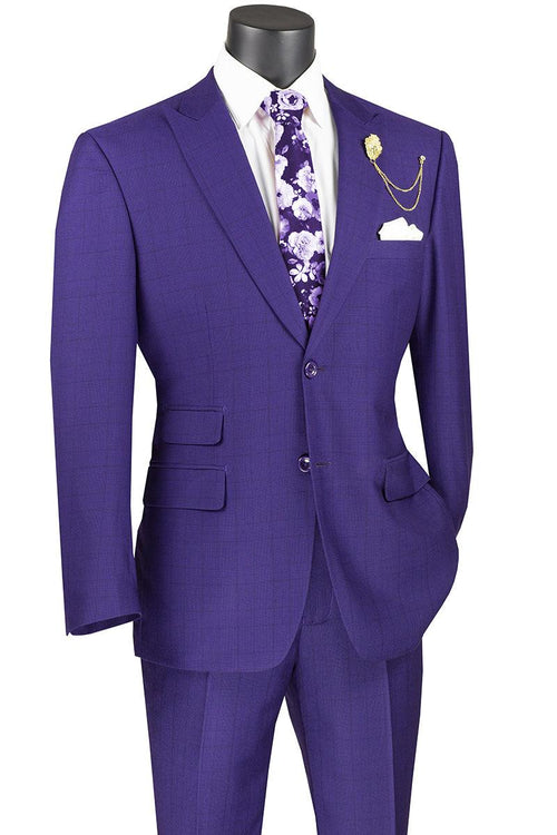 Vinci Men's 2-Btn Suit w/ Purple Plaid & Modern Fit Peak Lapel - Elegant Mensattire