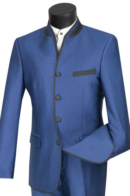 Vinci Men's 4-Button Tuxedo w/ Mandarin & Banded Trim - Blue - Elegant Mensattire