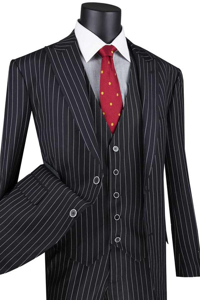 Vinci: Men's Black Bold Gangster Vested Pinstripe Suit - Elegant Mensattire
