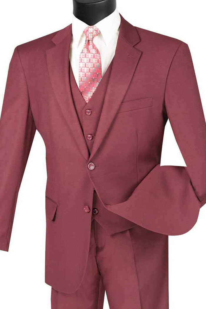 Vinci Men's Burgundy Basic 2-Button Vested Suit - Elegant Mensattire