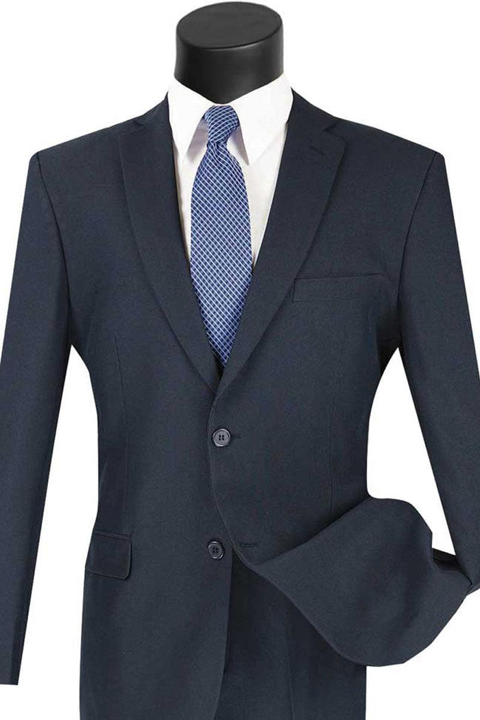 "Vinci Men's Navy Blue 2-Button Poplin Suit - Slim Fit Class". - Elegant Mensattire
