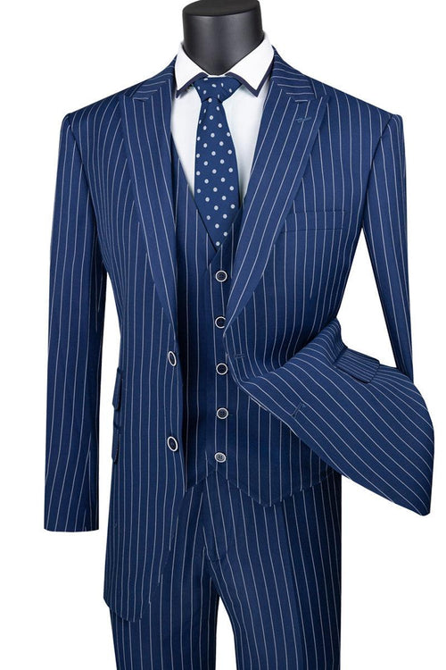 Vinci Men's Navy Blue Pinstripe Gangster Vested Suit - Elegant Mensattire