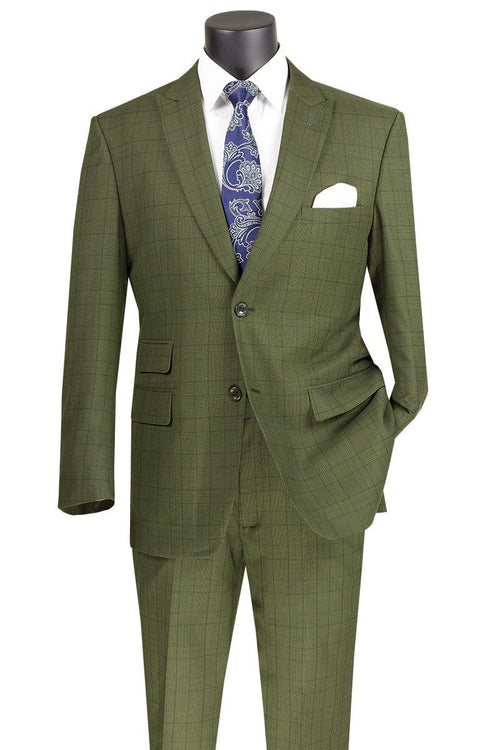Vinci Men's Olive Plaid Peak Lapel Suit - Modern Fit 2-Button - Elegant Mensattire