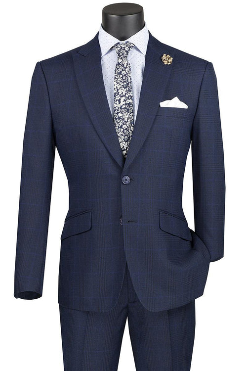Vinci Men's Plaid Navy 2-Btn Modern Fit Peak Lapel Suit - Elegant Mensattire