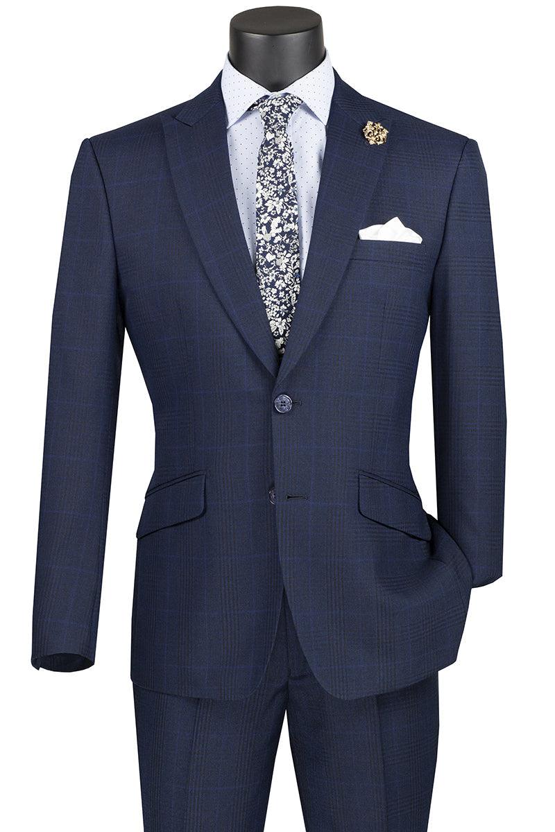 Vinci Men's Plaid Navy 2-Btn Modern Fit Peak Lapel Suit - Elegant Mensattire