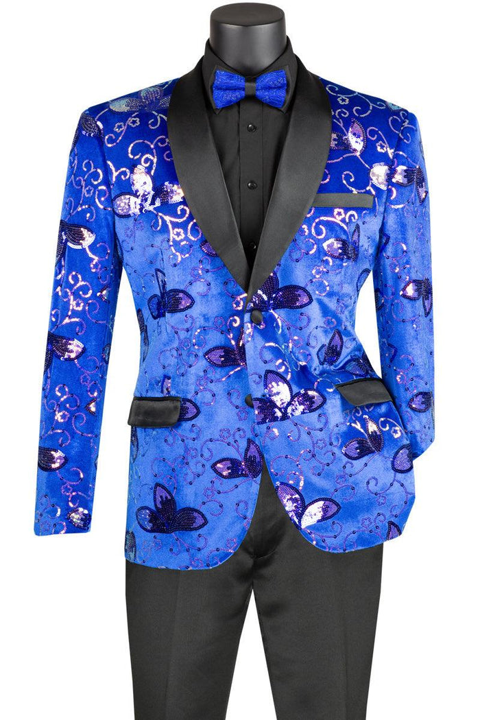 Vinci Men's Slim Velvet Paisley Sequin Floral Dinner Jacket, Royal Blue - Elegant Mensattire
