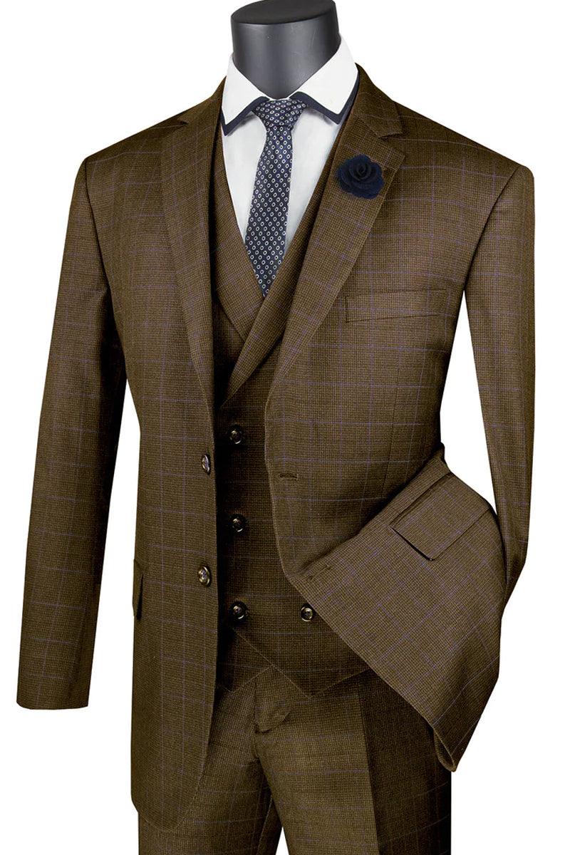 Vinci Men's Taupe Plaid 2-Button Dbl-Breasted Suit Vest - Elegant Mensattire