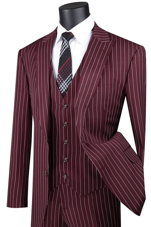 Vinci Men's Vested Burgundy Gangster Pinstripe Suit - Elegant Mensattire