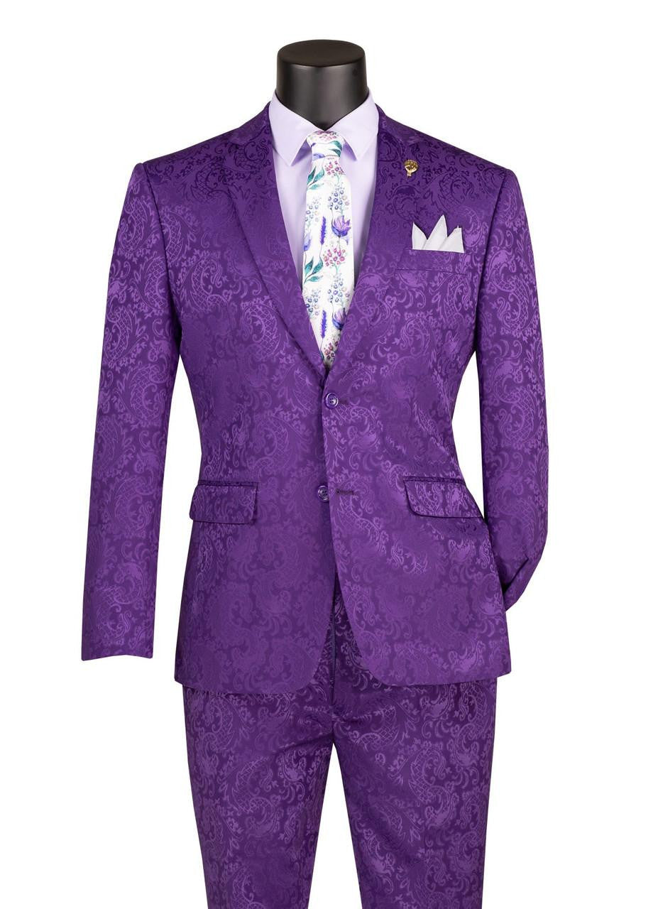 Mens Paisley Pattern Prom Suit – Grape Purple Slim Fit Formal Style – SuitUSA