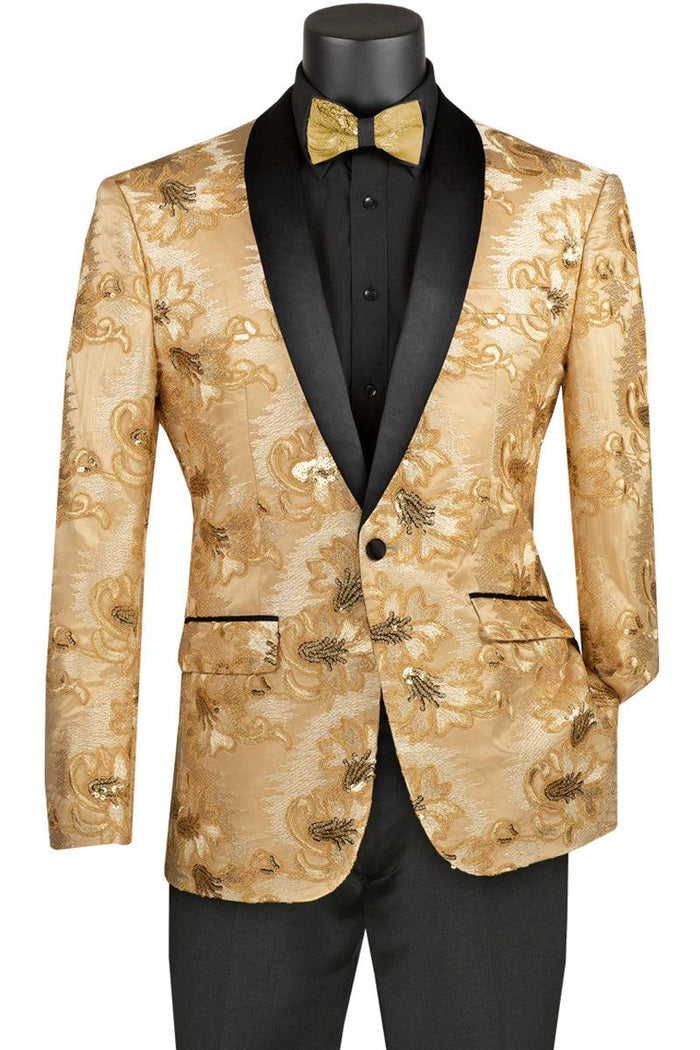 "Vinci Mens Slim Fit Champagne Floral Sequined Tuxedo Jacket" - Elegant Mensattire