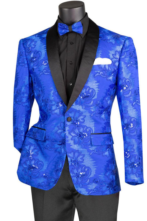 "Vinci Royal Blue Slim Sequin Jacket: A Classy Menswear Look for Special Events" - Elegant Mensattire