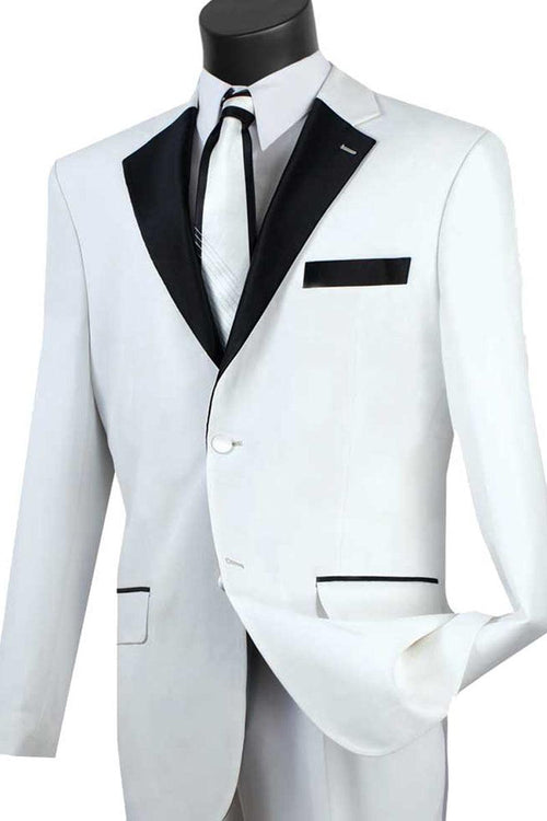 "Vinci White Contrast Notch Lapel Tuxedo w/ 2 Buttons" - Elegant Mensattire