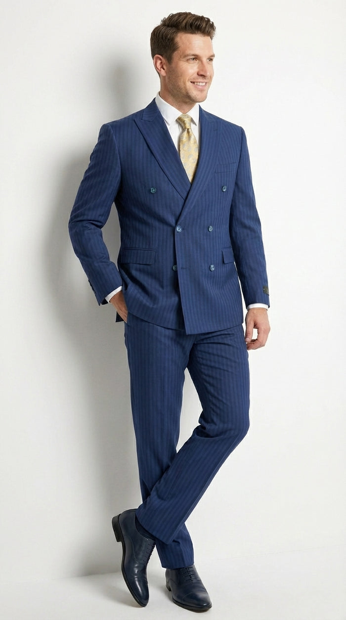 Vitali Mens Blue Tone on Tone Shadow Pinstripe Suit Set – Double Breasted Business Modern Fit Side Vented