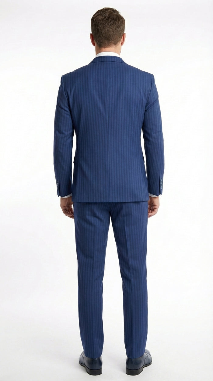 Vitali Mens Blue Tone on Tone Shadow Pinstripe Suit Set – Double Breasted Business Modern Fit Side Vented