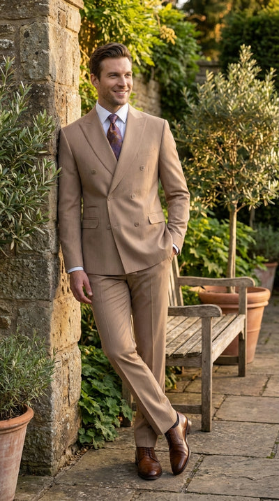 Vitali Tan Double Breasted Suit – Men’s 2 Piece Formal Suit for Wedding, Business and Special Events khaki beige color