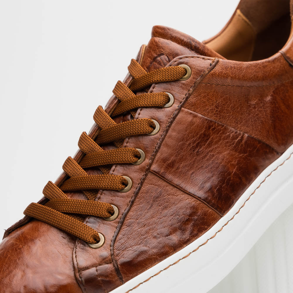 Zelli Vivo Tumbled Calfskin Sneakers in Cognac with White Rubber Sole