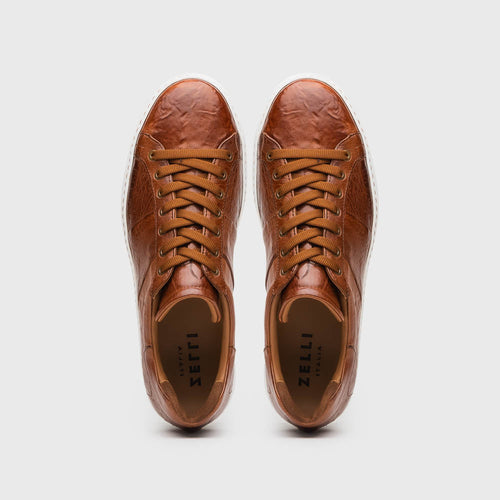 Zelli Vivo Tumbled Calfskin Sneakers in Cognac with White Rubber Sole