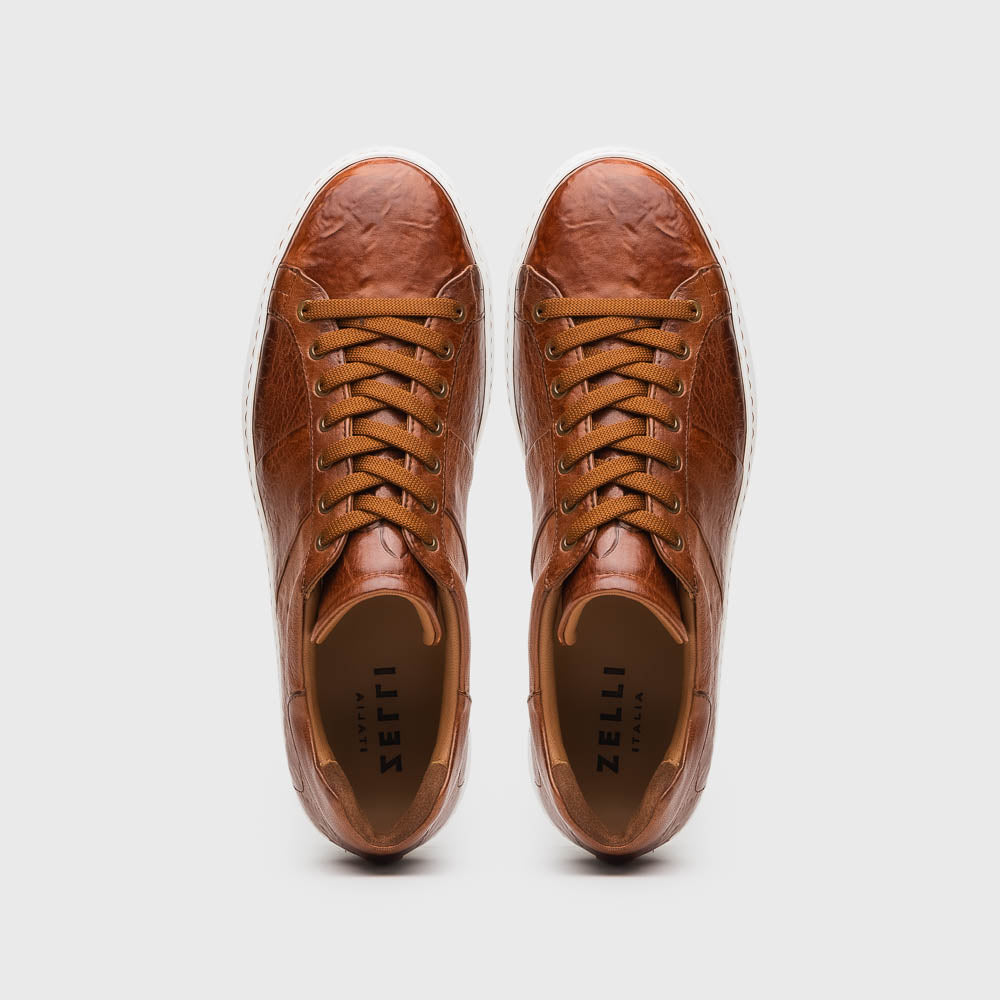 Zelli Vivo Tumbled Calfskin Sneakers in Cognac with White Rubber Sole