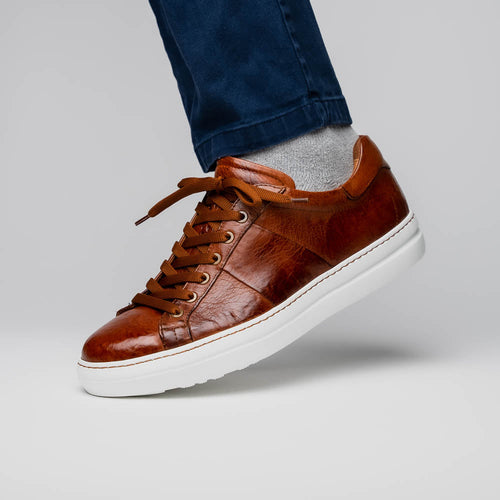 Zelli Vivo Tumbled Calfskin Sneakers in Cognac with White Rubber Sole