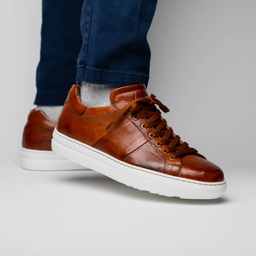 Zelli Vivo Tumbled Calfskin Sneakers in Cognac with White Rubber Sole
