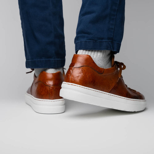 Zelli Vivo Tumbled Calfskin Sneakers in Cognac with White Rubber Sole