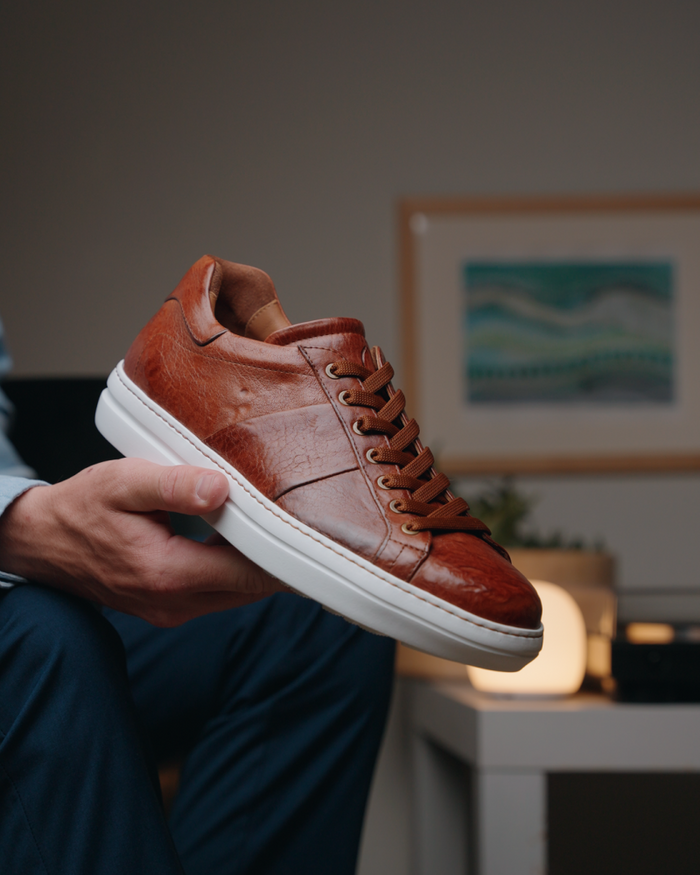 Zelli Vivo Tumbled Calfskin Sneakers in Cognac with White Rubber Sole