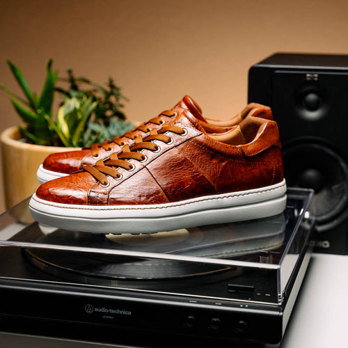 Zelli Vivo Tumbled Calfskin Sneakers in Cognac with White Rubber Sole