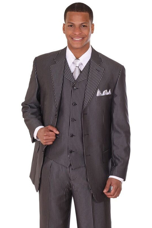 Mens 3 Button Vested Shiny Sharkskin Narrow Pinstripe Suit in Black by Fortino Landiin
