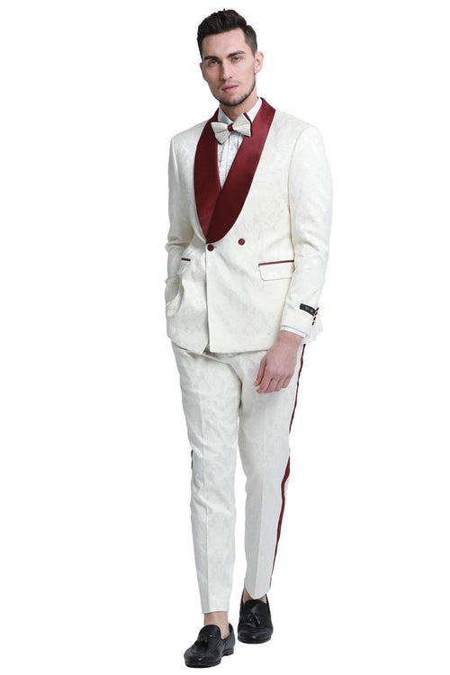 Burgundy & Ivory Men's Slim Fit Paisley Tuxedo - Double Breasted Smoking Jacket by Tazzio