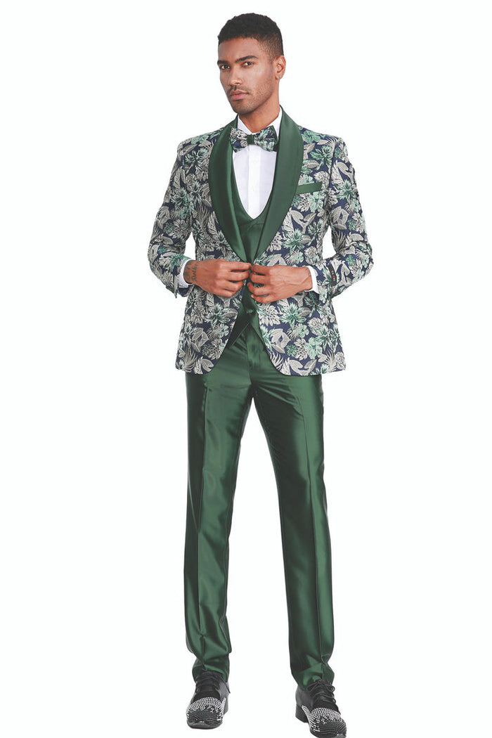 Men's Slim Fit Paisley Shawl Lapel Tuxedo - One Button Vested Prom Suit in Hunter Green by Tazzio
