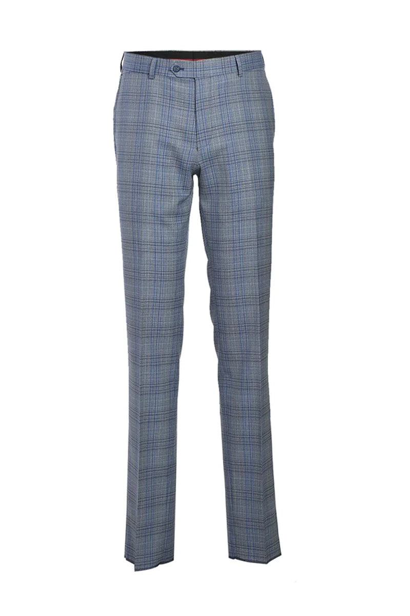 Mens Designer Two Button Slim Fit Notch Lapel Wool Suit in Light Grey & Blue Windowpane Plaid by English Laundry